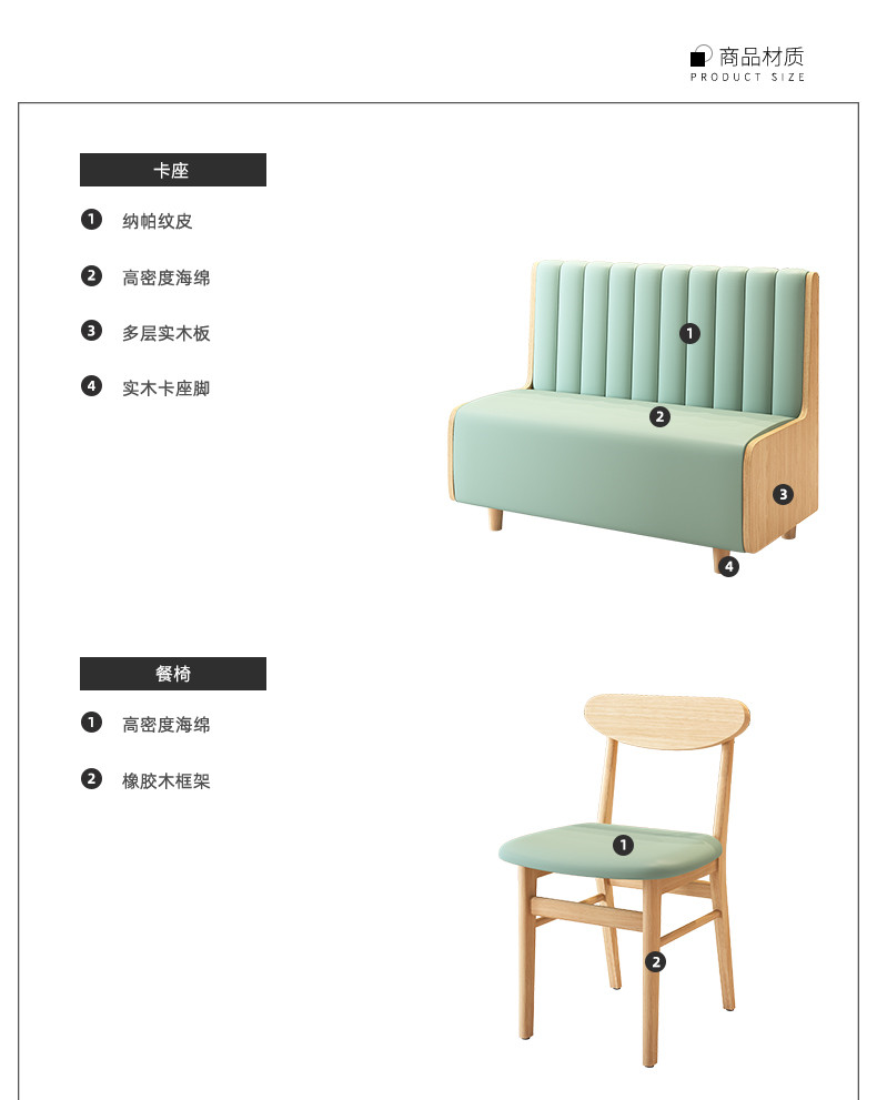 商品材质：卡座，1.纳帕纹皮，2.高密度海绵，3.多层实木板，4.实木卡座脚。餐椅：1.高密度海绵，2.橡胶木框架